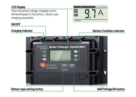 Controlador de carga solar digital compatível com 12V/24V com classificação IP22 e garantia de 2 anos